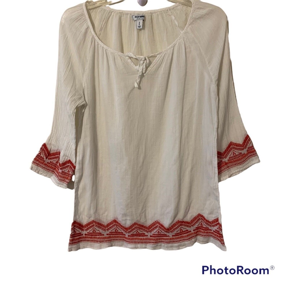 Old Navy White Gauze Embroidered Trim Cotton Peasant Top Blouse Tie Neck Medium